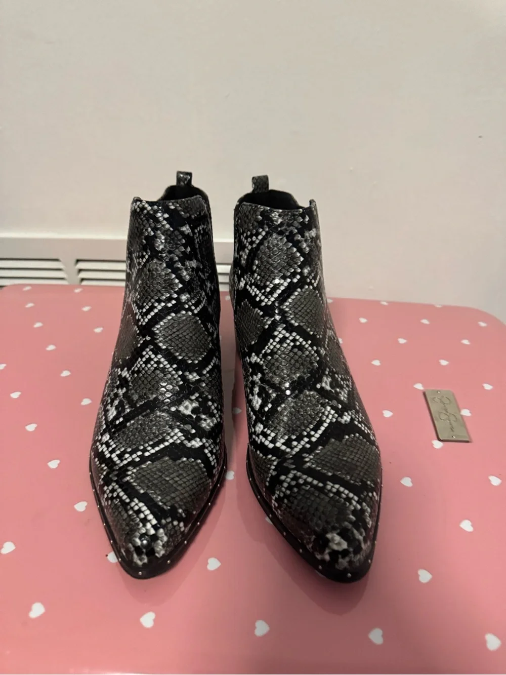 Womens Black & Gray Snake Print Ankle Boots